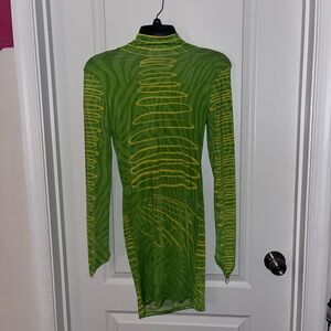 Green and Yellow Sheer Long Sleeve Dress
